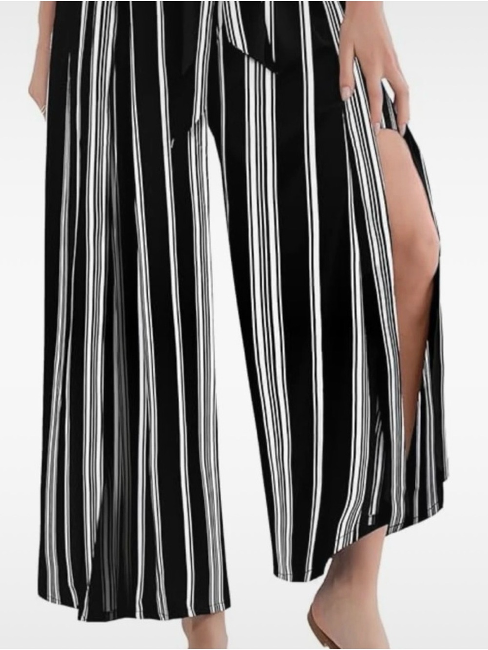 Grace Karin Black and White Striped Wide-Leg Split-Hem Pants